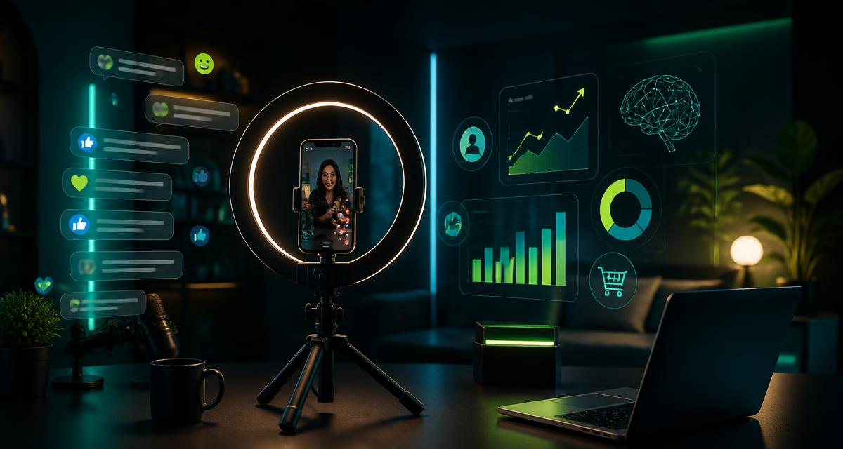 AI livestream sales studio with virtual presenter, live chat and conversion analytics